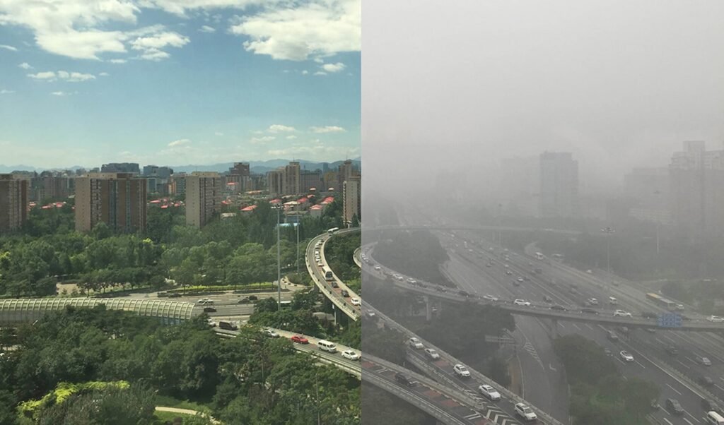 Smog-covered city skyline, showcasing air pollution's impact.