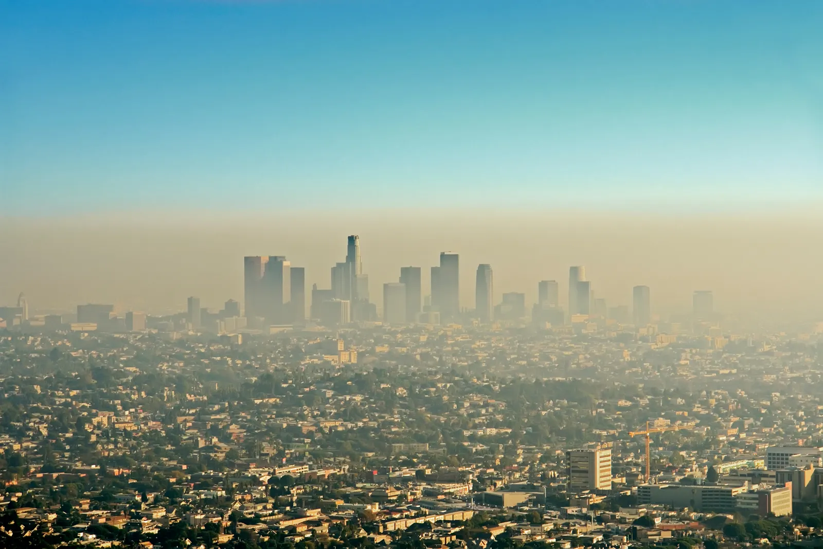 City skyline engulfed in smog, depicting the effects of air pollution.