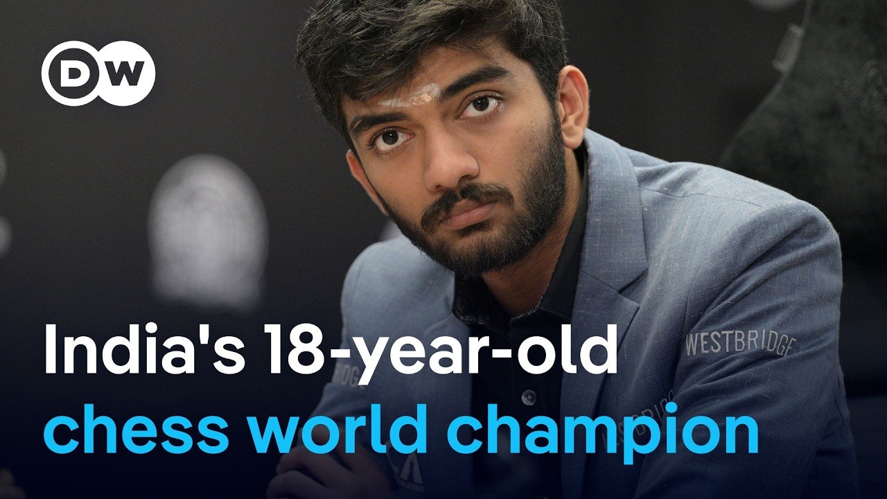 Young chess prodigy D. Gukesh concentrating during a match, showcasing his determination and focus.