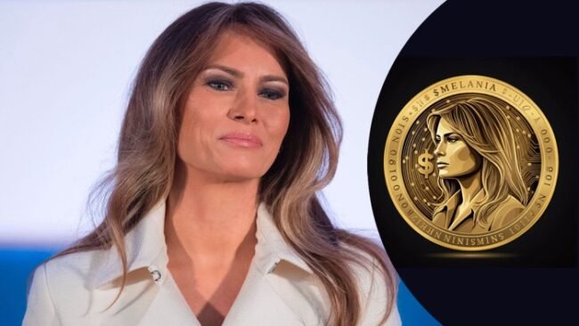 Logo of Melania Coin, a cryptocurrency by Melania Trum.